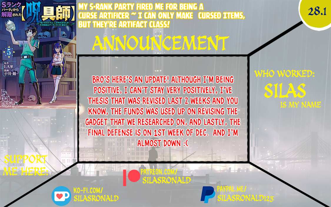 My S-Rank Party Fired Me for Being a Cursificer ~ I Can Only Make “Cursed Items”, but They’re Artifact Class! Chapter 28.1 page 1